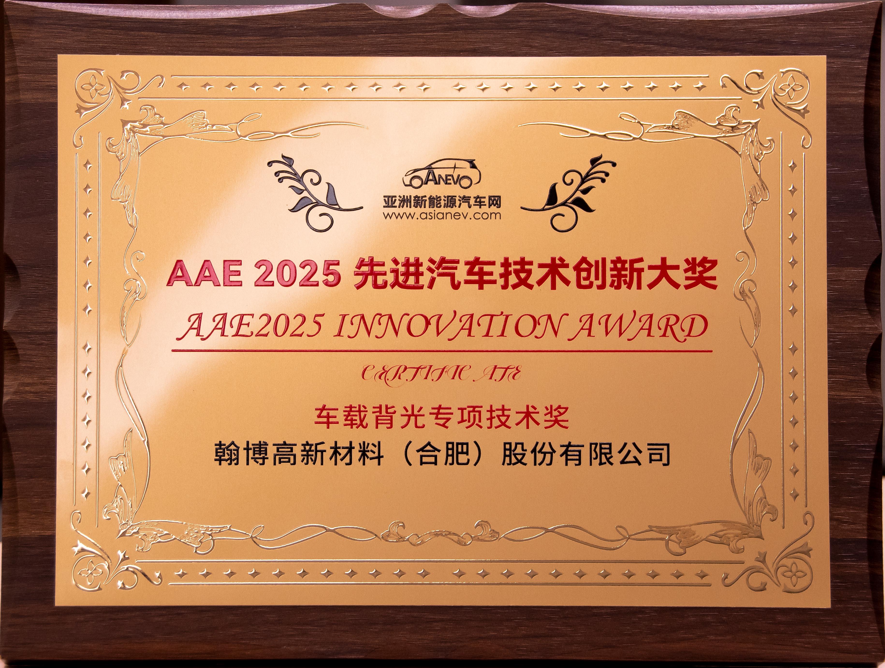 翰博高新榮獲AAE2025“先進(jìn)汽車技術(shù)創(chuàng)新大獎(jiǎng)”|車載背光技術(shù)獲權(quán)威認(rèn)可